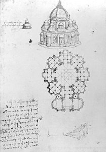 Église centralisée et ingénierie maritime, fol. 5v du Codex Ashburnham (anciennement partie du Manuscrit B (2184), vers 1488